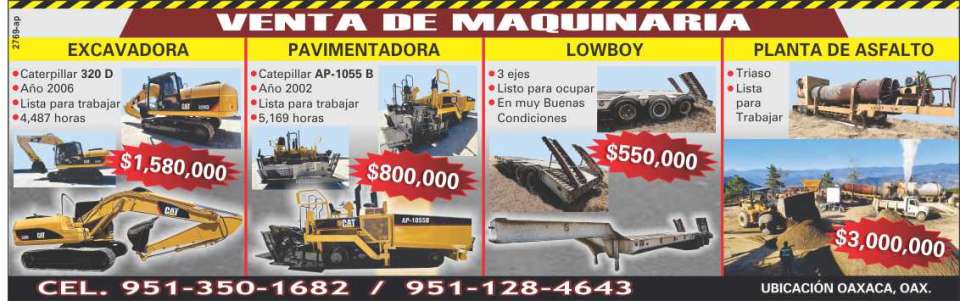 Venta de maquinaria, desde excavadoras, pavimentadoras, lowboy, perfiladoras, tracto camiones, tractores y muchos equipos mas.